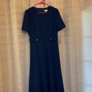 London Times Classic Navy Midi Dress with Side Tabs Fit and Flare size 8